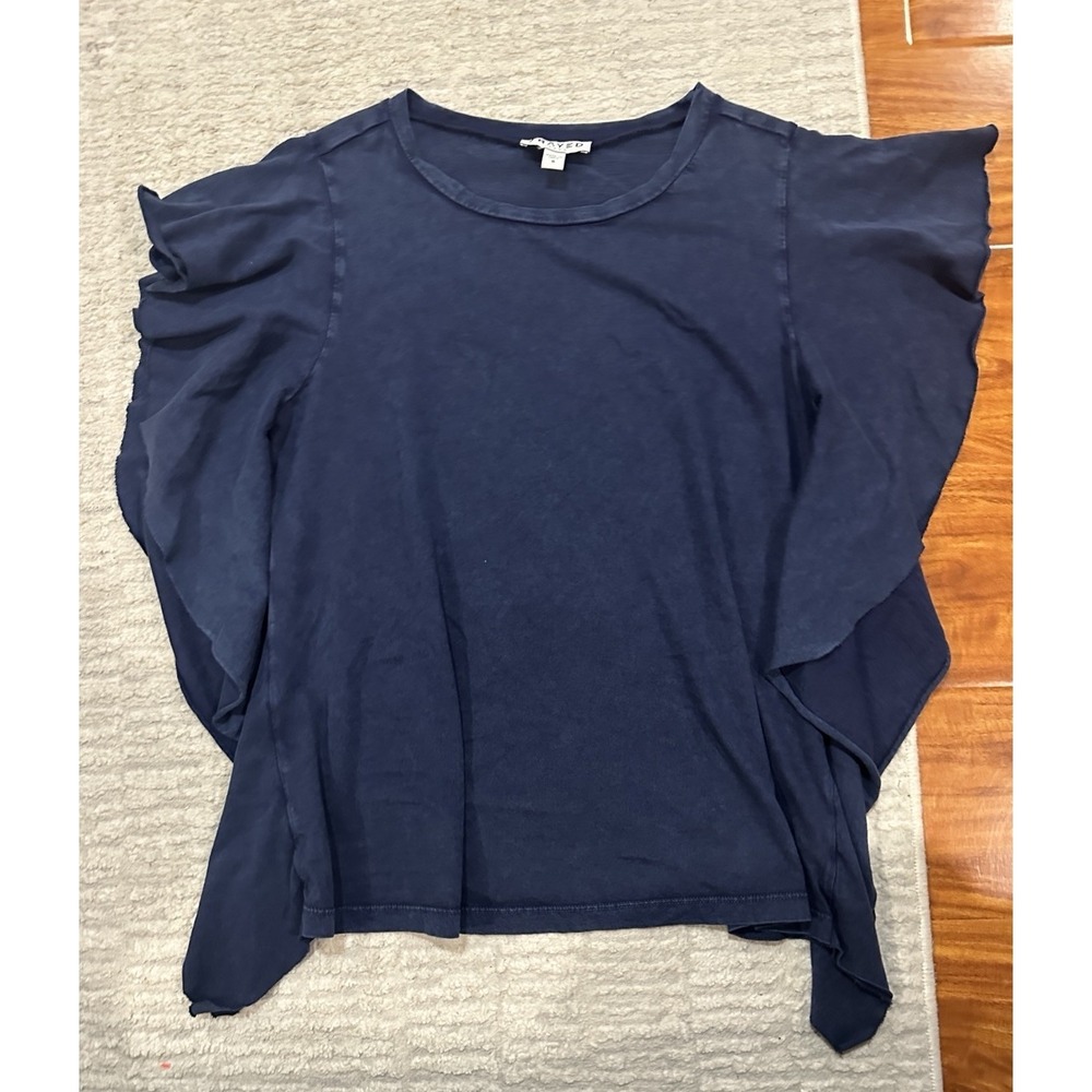 Ruffles Shirt Blouse Frayed Top Blue Navy 100% Cotton Ruffled Luxury Minimalist